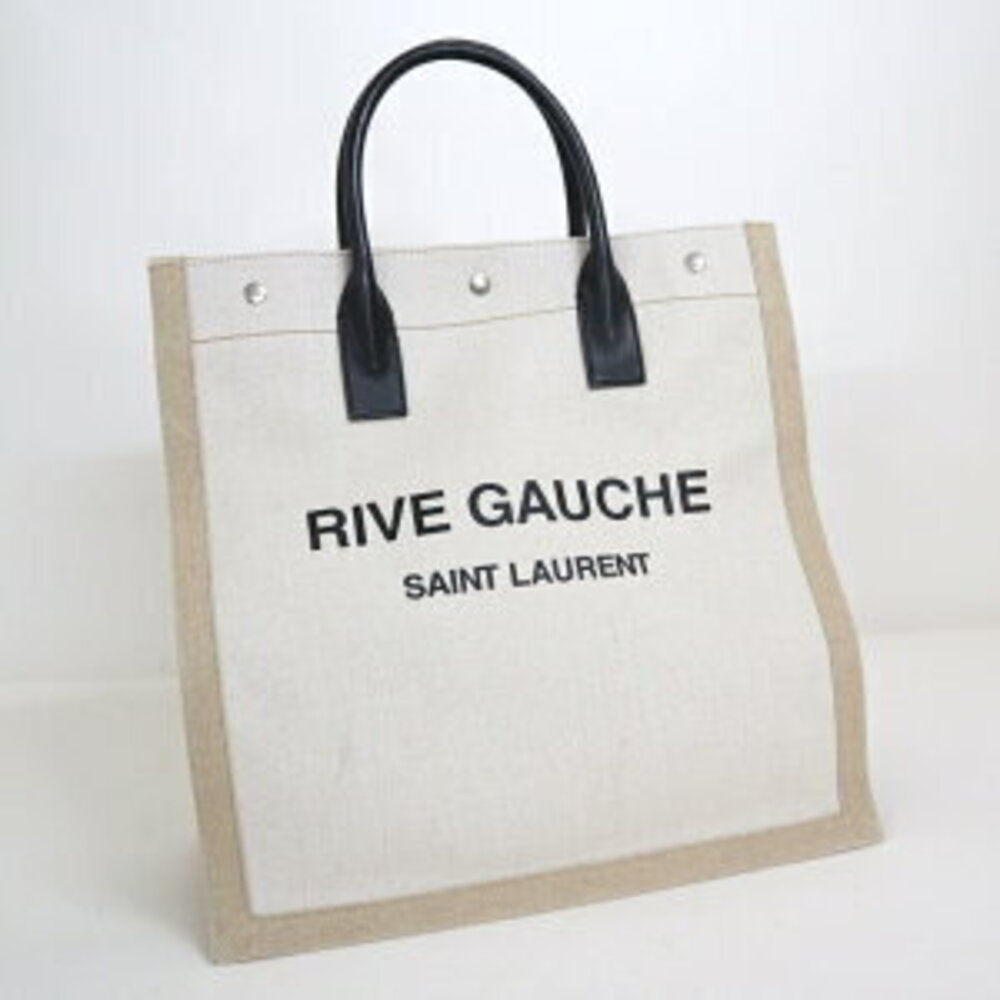SAINT LAURENT Rive Gauche Tote Bag Canvas Leather Beige Tan Off White